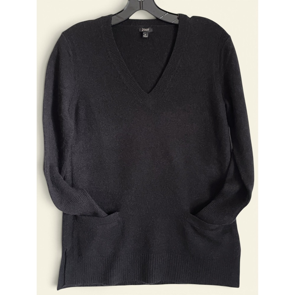 J Crew Black V Neck Sweater Merino Alpaca Women Pockets M Elevated Basic Cozy